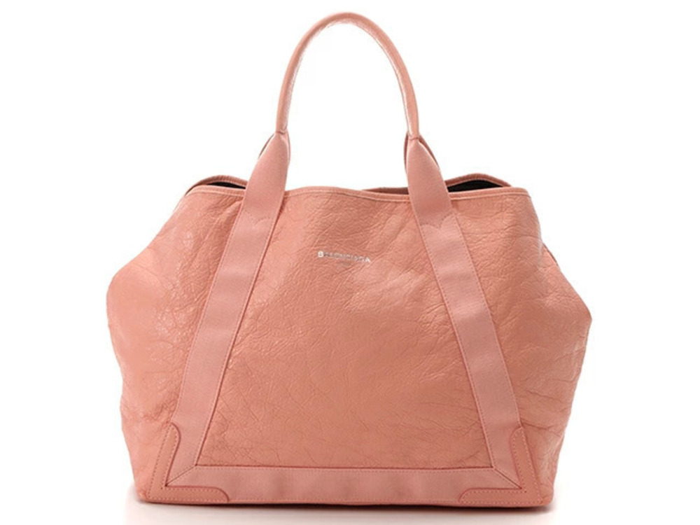 Balenciaga Navy Blue Cabas Tote Bag Leather Canvas Pink